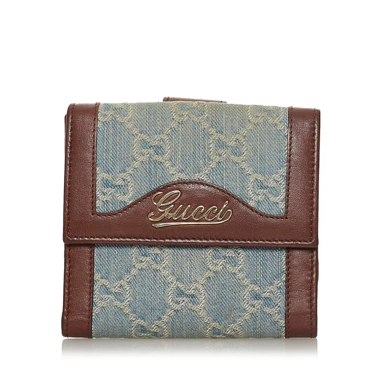 Women Gucci Sylvie bags with a detachable ribbon detailGucci GG Canvas Folio Wallet 282412 Blue Brown Leather Ladies Gucci