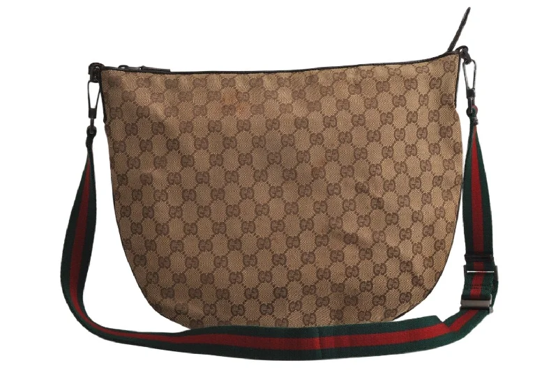 Ladies Gucci shoulder bags with a magnetic - closure flapAuthentic GUCCI Web Sherry Line Shoulder Cross Bag GG Canvas Leather Brown 0416K