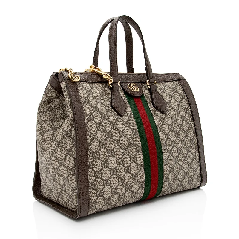 Women Gucci tote bags in GG Supreme canvas for a branded feelGucci GG Supreme Ophidia Medium Top Handle Tote (SHF-CFDl5D)