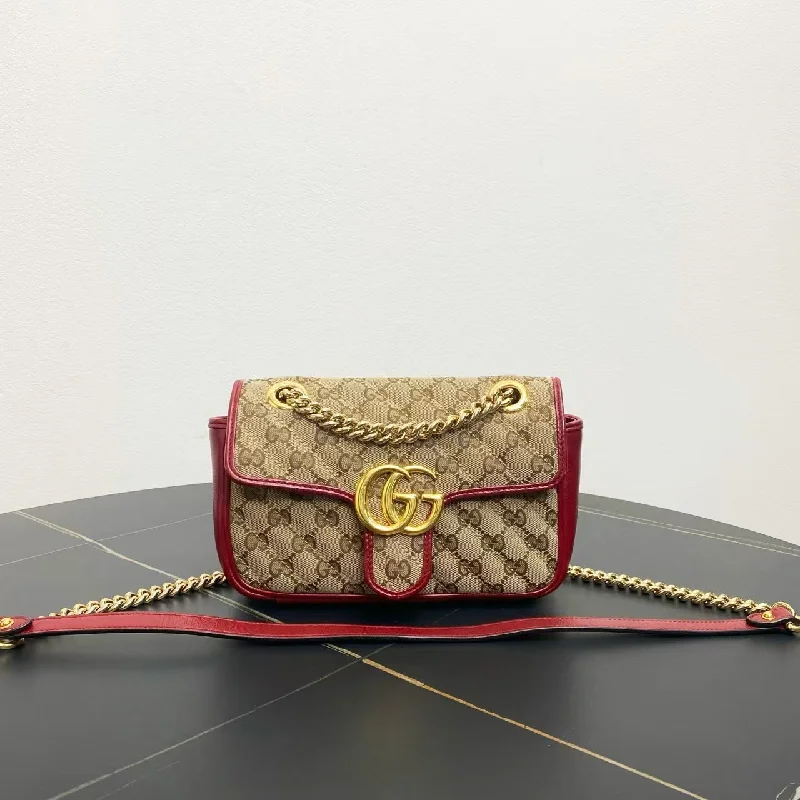 Women Gucci backpacks with a luxurious leather finishGucci Marmont Beige Red Canvas Leather Small Shoulder Bag