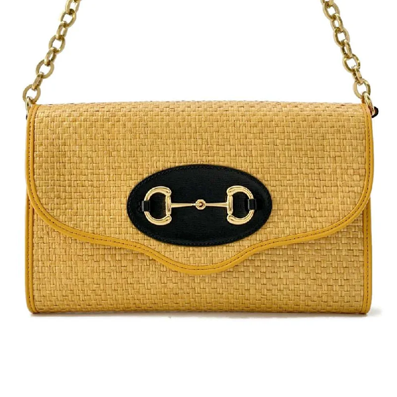 Ladies Gucci shoulder bags with a wide - width strapGUCCI Horsebit 2wayChainShoulder Bag Yellow 655667 Straw Leather