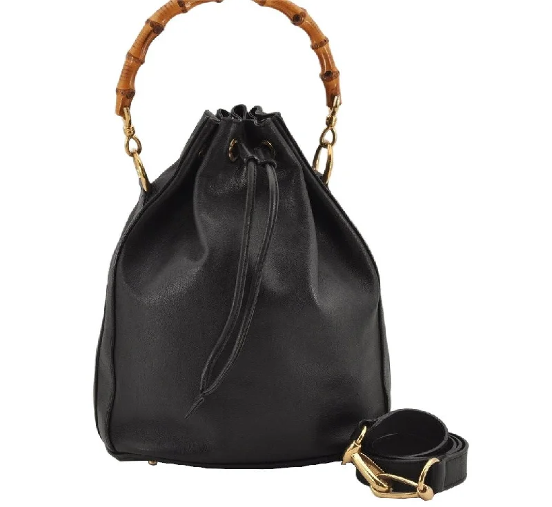 Gucci handbags for women with a metal - framed claspAuthentic GUCCI Bamboo 2Way Shoulder Drawstring Bag Purse Leather Black 2276K