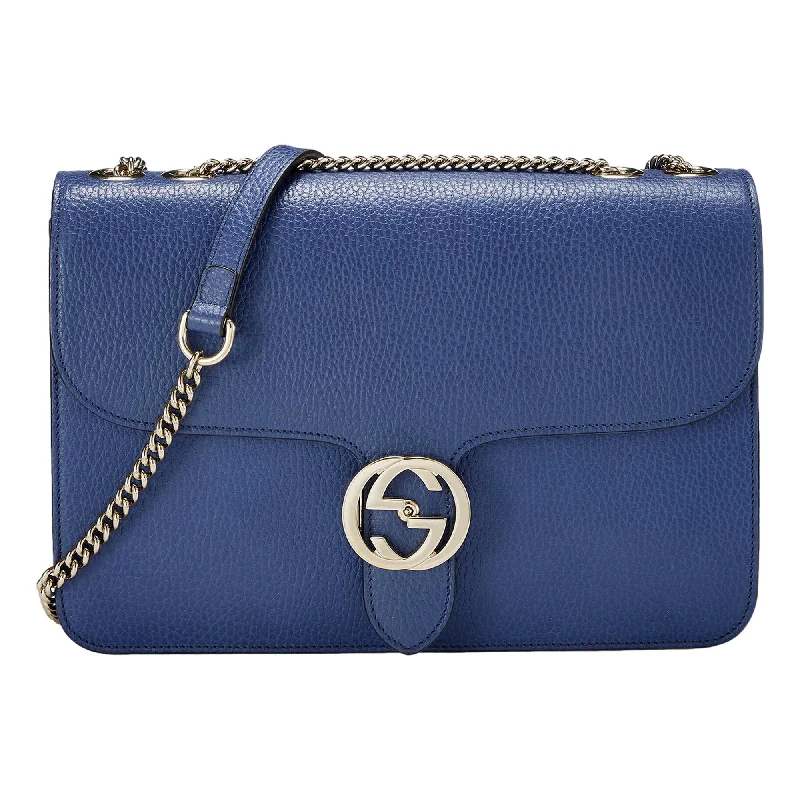 Gucci backpacks for women with a sleek silhouetteGucci Dollar Interlocking GG Blue Leather Medium Chain Shoulder Bag