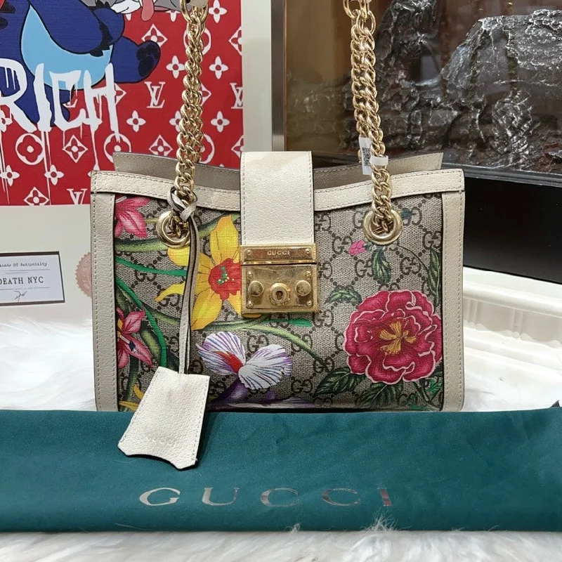 Gucci handbags for women with a beaded trimGucci Padlock Flora Canvas Shoulder Bag Beige Medium