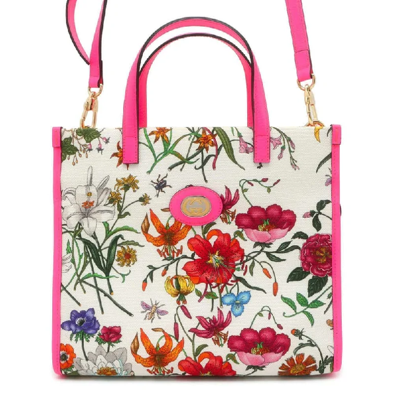 Women Gucci bags with a zippered interior pocketGUCCI Interlocking G Flora 2WAY Shoulder Bag White/Pink 550141 Canvas Leather