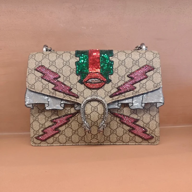 Ladies Gucci Dionysus bags with a chain - link shoulder strapGucci Dionysus Beige GG Coated Canvas Embellished Bag Medium Size