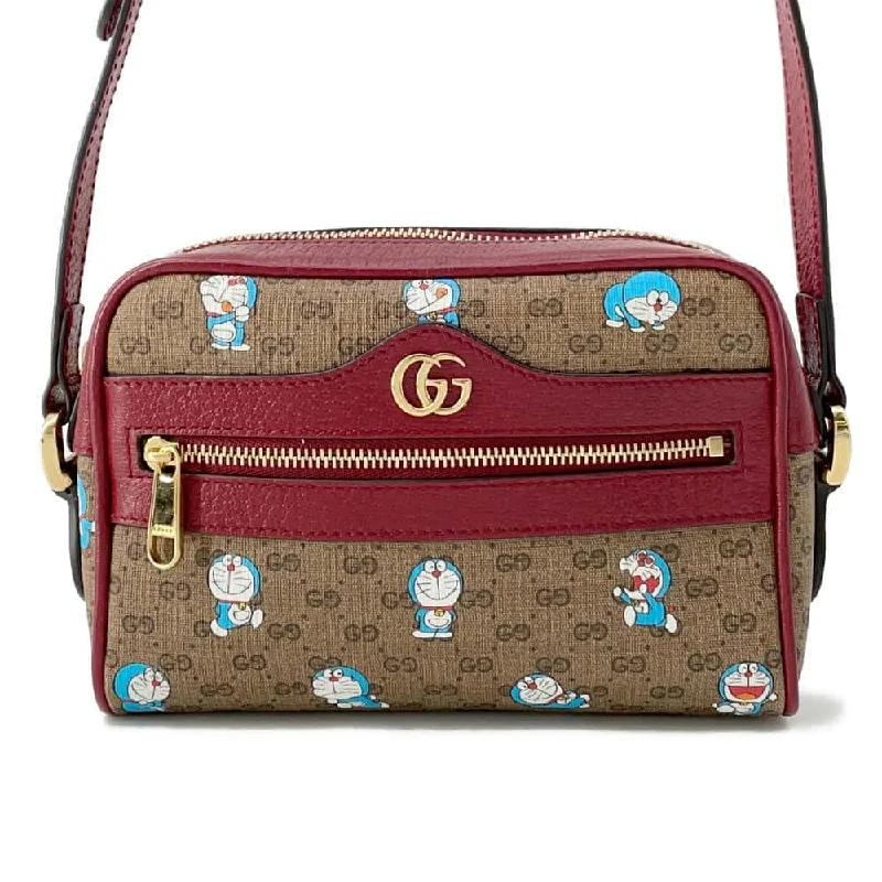 Women Gucci bags with a zippered interior pocketGUCCI GG Supreme Shoulder Bag Doraemon Collaboration Beige/Red 647784 GG SupremeCanvas Leather