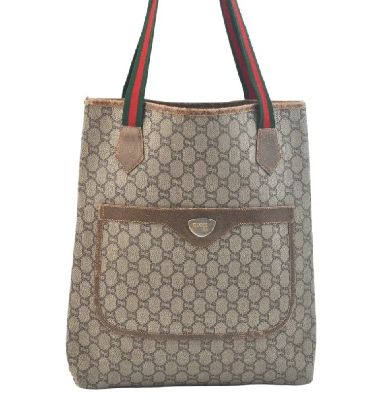 Ladies Gucci Dionysus bags with a star - shaped charmAuth GUCCI GG Plus Web Sherry Line Shoulder Tote Bag PVC Leather Brown K5496