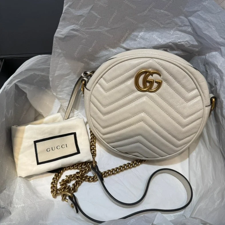 Women Gucci bags with a detachable mirror insideGucci Marmont Beige Leather Chevron Round Crossbody Bag