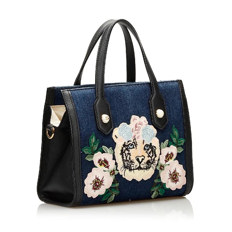 Women Gucci Sylvie bags with a detachable ribbon detailGucci Denim Tiger Pearl Tote (35954)