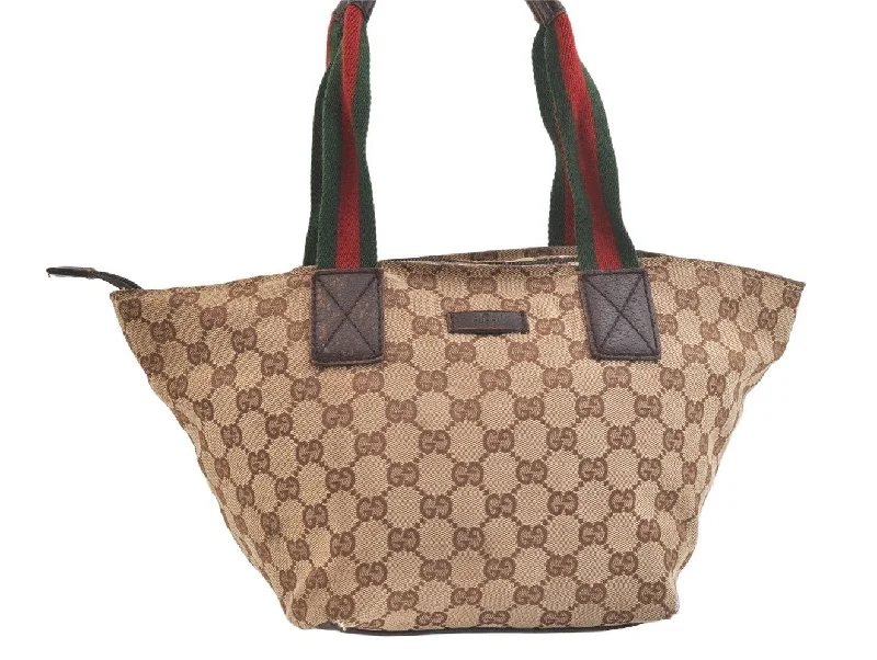 Ladies Gucci shoulder bags with a single - handle designAuthentic GUCCI Web Sherry Line Tote Bag GG Canvas Leather 131228 Brown 2836K