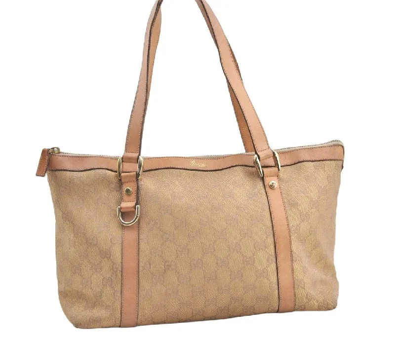 Women Gucci bags with a front - flap pocket for quick - access itemsAuthentic GUCCI Abbey Shoulder Tote Bag GG Canvas Leather 141470 Beige 0378K