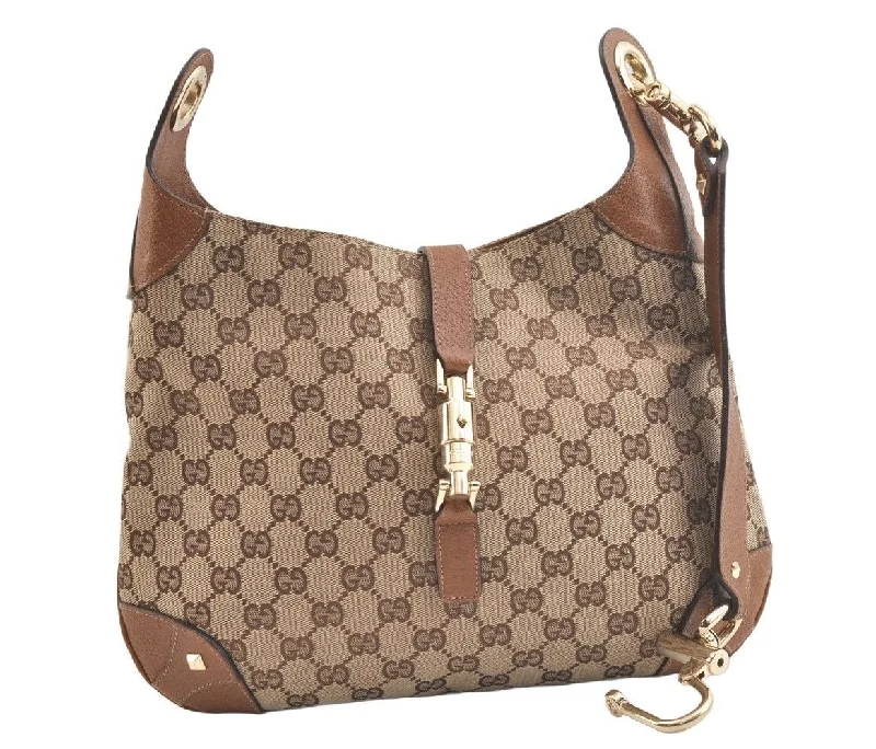 Ladies Gucci shoulder bags with a magnetic - closure flapAuthentic GUCCI Jackie Shoulder Bag GG Canvas Leather 120888 Brown Junk 3002K