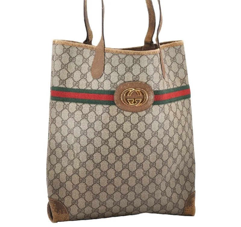 Women Gucci tote bags in GG Supreme canvas for a branded feelAuthentic GUCCI Web Sherry Line Shoulder Tote Bag GG PVC Leather Brown 2313K