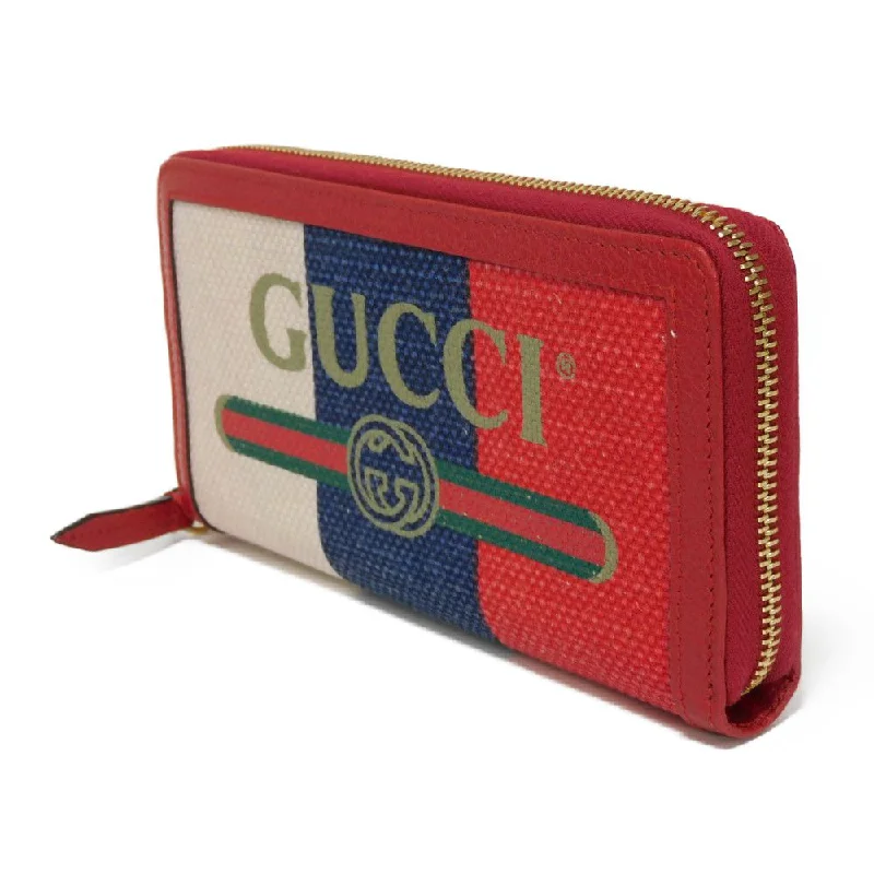 Women Gucci bags with a front - flap pocket for quick - access itemsGUCCI Long Wallet Purse 524790 9SBCG 9093 Baiadella Linen Canvas x Calfskin Leather Tricolor Byadera stripes logo zip around wallet Women(Unisex) Used