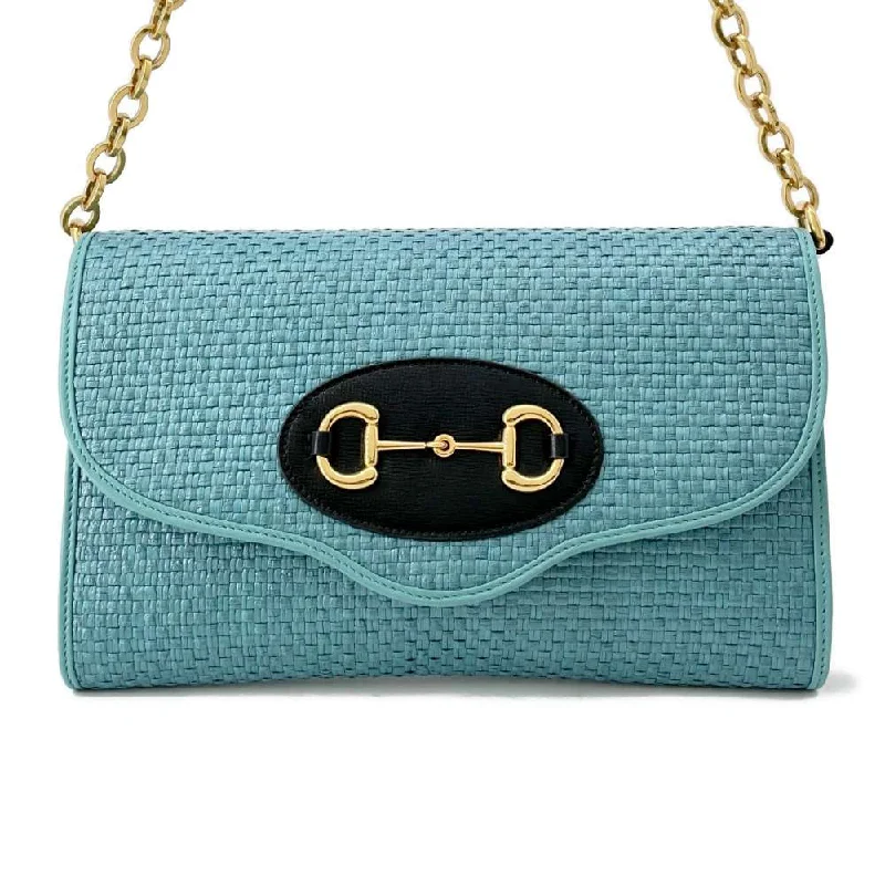 Women Gucci bags with a detachable mirror insideGUCCI Horsebit 1955 2wayChainShoulder Bag Blue 655667 Straw Leather