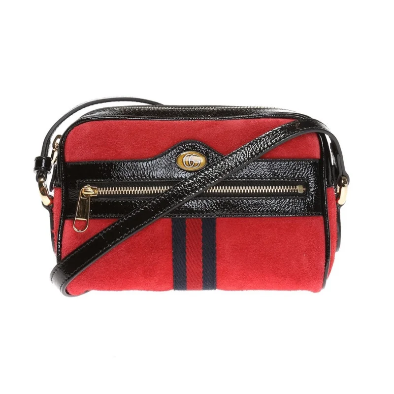 Women Gucci bags with interlocking G hardware for a classic lookGucci Ophidia Red Suede Patent Web Mini Shoulder Bag