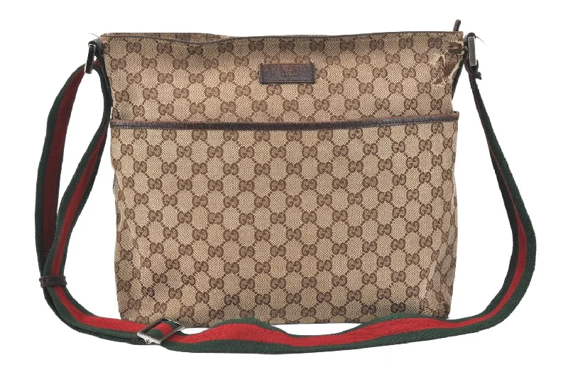 Women Gucci bags with a snap - button closure and a decorative charmAuth GUCCI Web Sherry Line Shoulder Bag GG Canvas Leather 189751 Brown 2831K