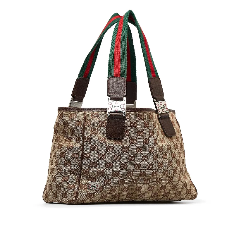 Ladies Gucci shoulder bags with a wide - width strapGucci GG Canvas Web Pop Tote (SHG-Jsskew)