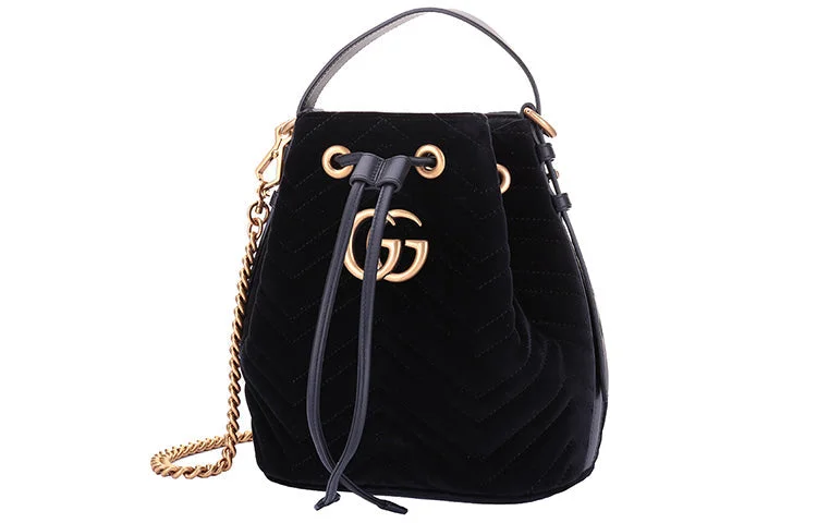 Ladies Gucci shoulder bags with a tassel decorationGUCCI GG Marmont Gold Label Logo Velvet Drawstring Bucket Bag Chain Handbag Black 525081-9FRDT-1000