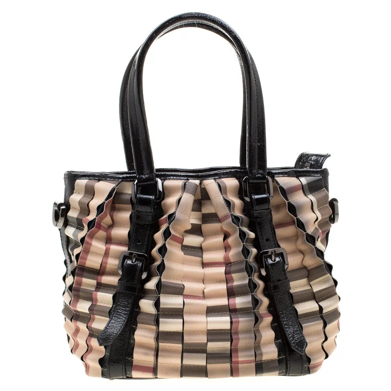 Compact and Portable Burberry Waist BagsBurberry Black/Beige Nova Check PVC and Patent Leather Cartridge Pleat Tote