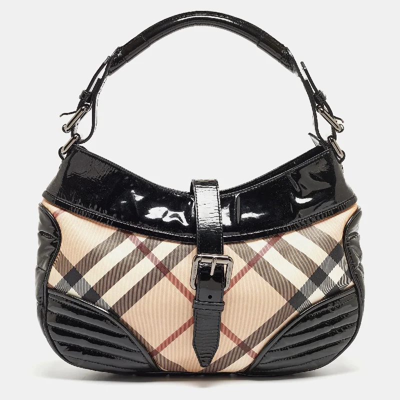 Statement - Making Oversized Burberry BagsBURBERRY Black/Beige Nova Check PVC and Patent Leather Hobo