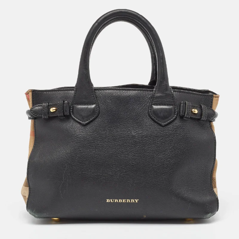 Two - Tone Burberry Bags for a Modern AestheticBURBERRY Black/Beige Leather and House Check Fabric Small Banner Tote