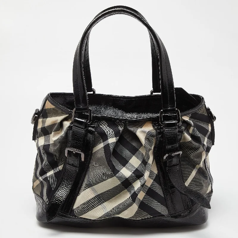 Compact Burberry Clutch Bags for WeddingsBURBERRY Black/Grey Beat Check Canvas and Patent Leather Lowry Tote