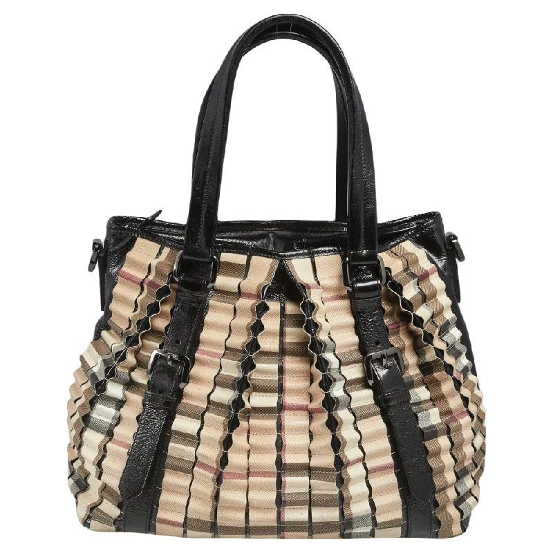 Burberry Bags with Interior Organizers for Easy SortingBurberry Black/Beige House Check PVC and Patent Leather Lowry Ruffled Tote