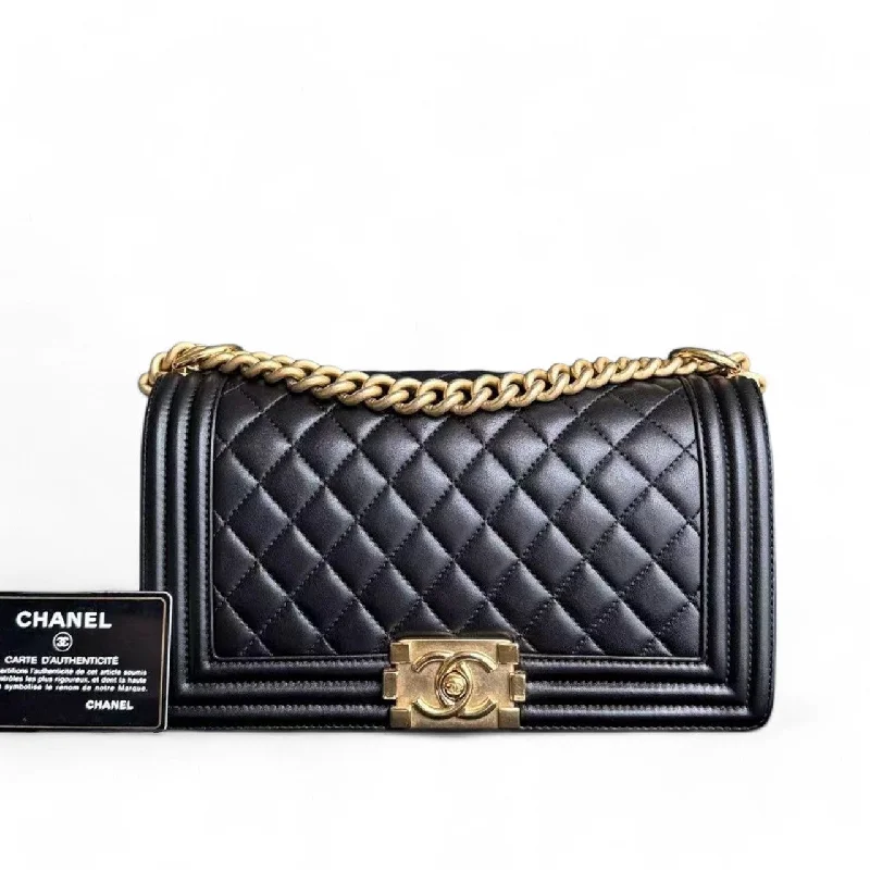 Chanel Classic Flap Bag for Evening PartyChanel Boy Medium - 25CM Quilted Lambskin Black Gold Hardware Series 24