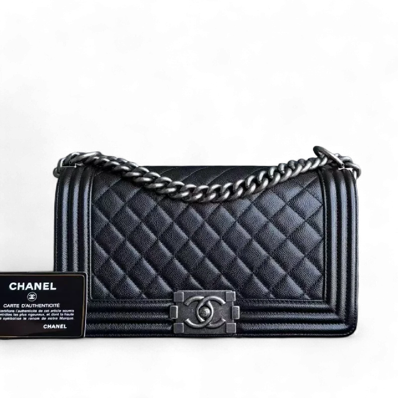 Chanel Handbag with Adjustable Strap for ComfortChanel Boy Medium - Caviar 25CM Quilted Black Ruthenium Silver Hardware Series 25