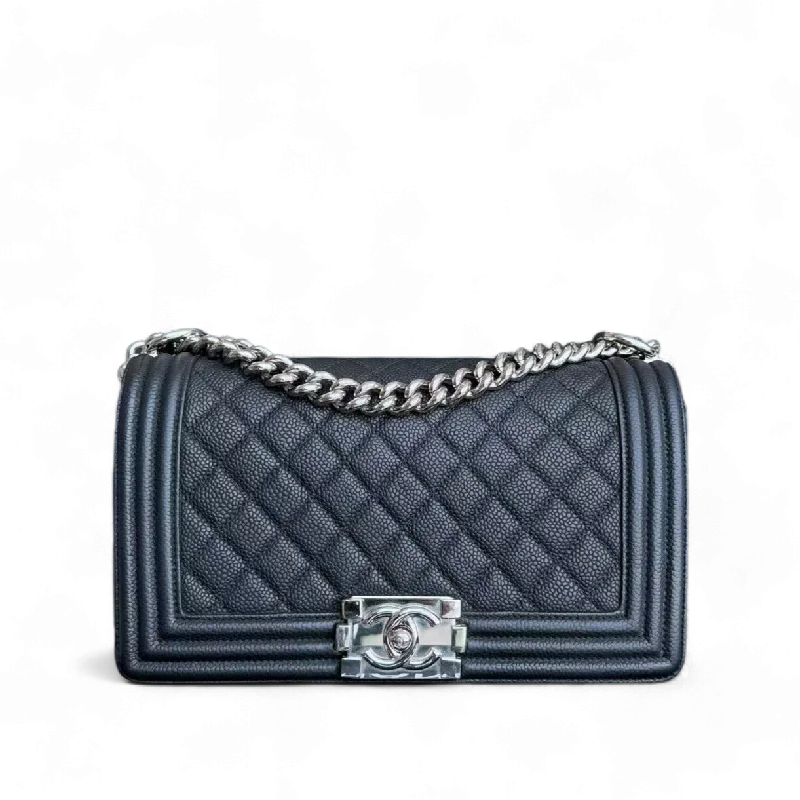 Chanel Lightweight Handbag for Daily ErrandsChanel Boy Medium - 25CM Iridescent Caviar Quilted Calfskin Black Silver Hardware Series 17