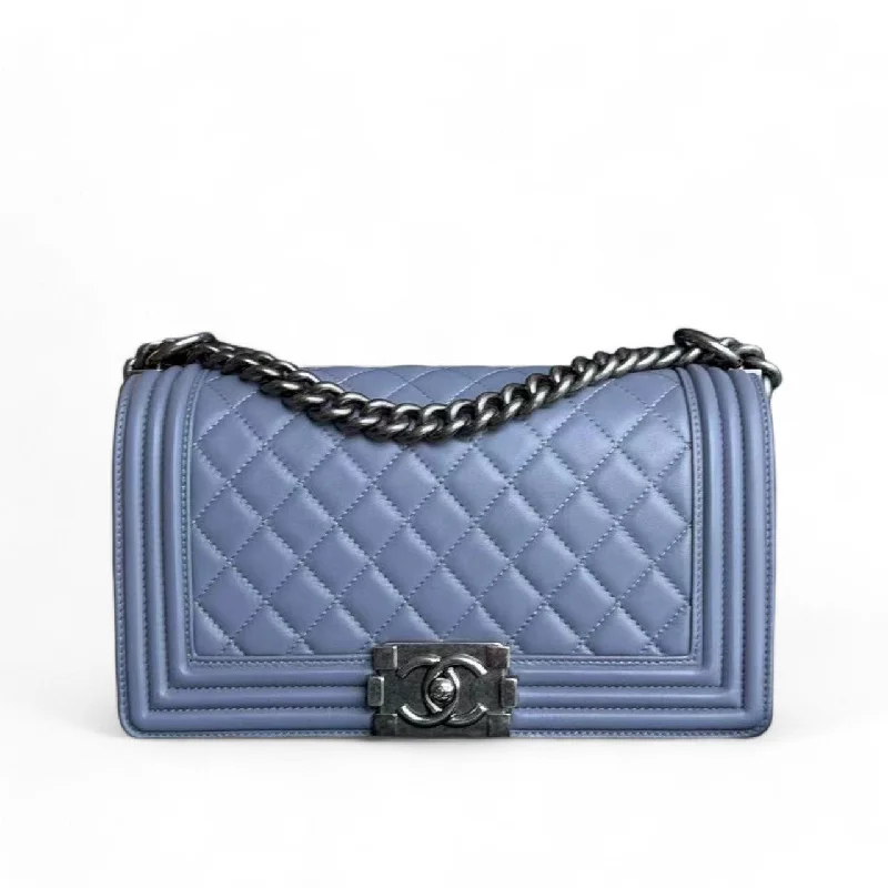 Chanel Designer Handbag with Unique DesignChanel Boy Medium - Lambskin 25CM Quilted Purple Blue Ruthenium Silver Hardware Series 15