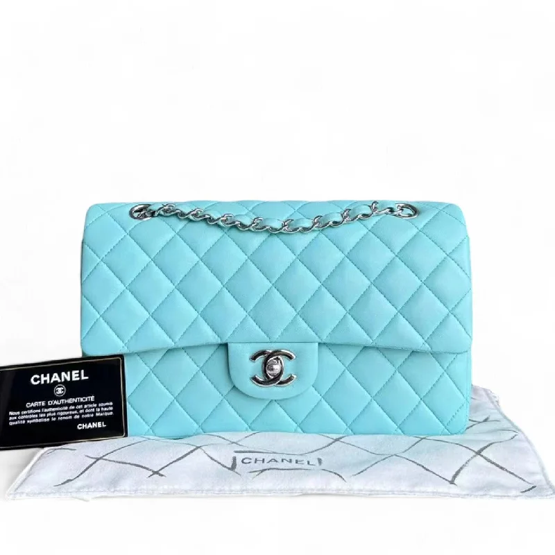 Chanel Luxury Handbag for High - End EventsChanel Classic Flap Medium - 25CM Double Flap Quilted Lambskin Tiffany Blue Silver Hardware Series 27