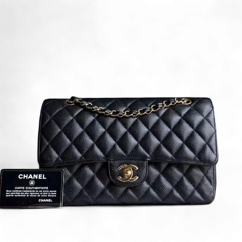 Chanel Luxury Handbag for High - End EventsChanel Classic Flap Medium - Caviar Double Flap Quilted Calfskin Black Gold Hardware Series 19