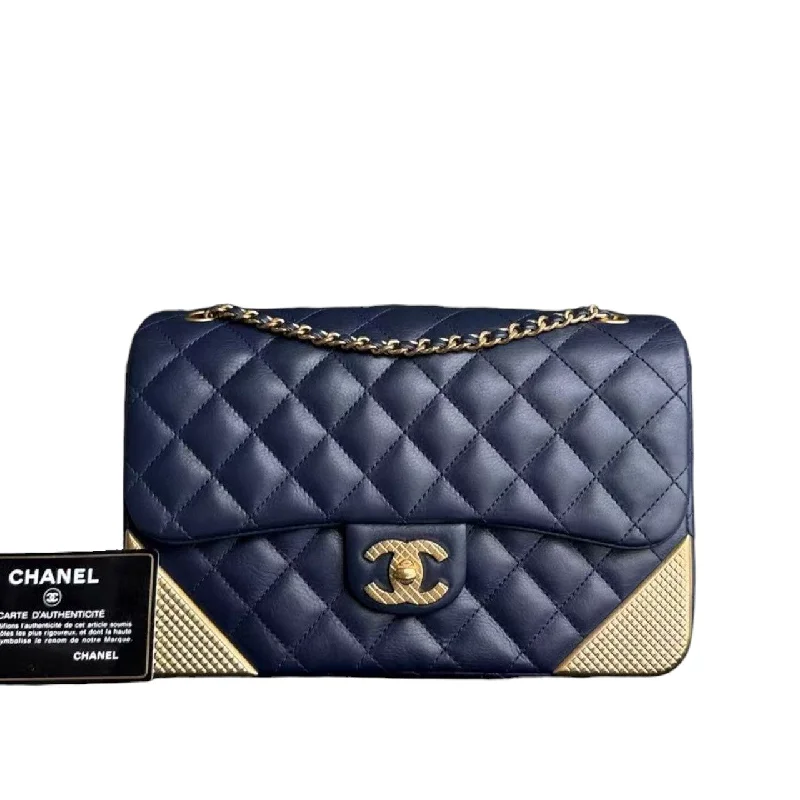 Chanel Colorful Handbag for Spring OutfitsChanel Classic Flap Medium - 25CM Rock The Corner Seasonal Gold Plate Quilted Calfskin Navy Blue Gold Hardware Series 24