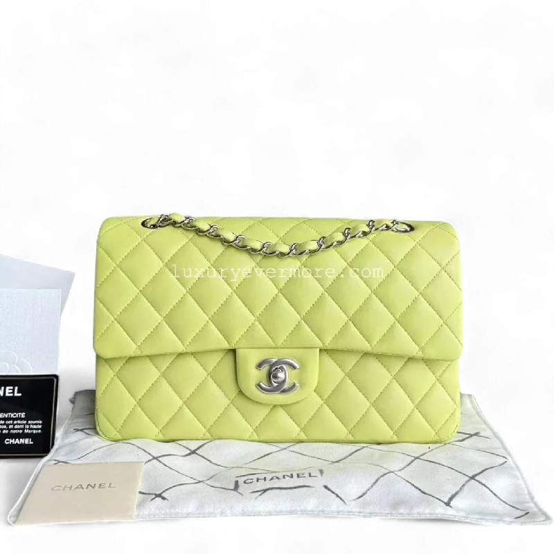 Chanel Small Crossbody Bag for Travel*Full Set, Receipt* Chanel Classic Flap Medium Quilted Lambskin Light Yellow Silver Hardware