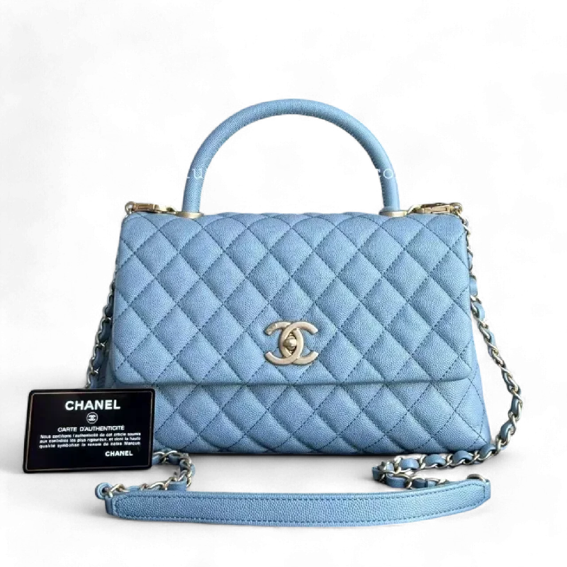 Chanel Quilted Leather Shoulder Bag for Fashionistas*Receipt, Full Set* Chanel Coco Handle Medium - Caviar 29CM Quilted Sky Blue Gold Hardware Series 27