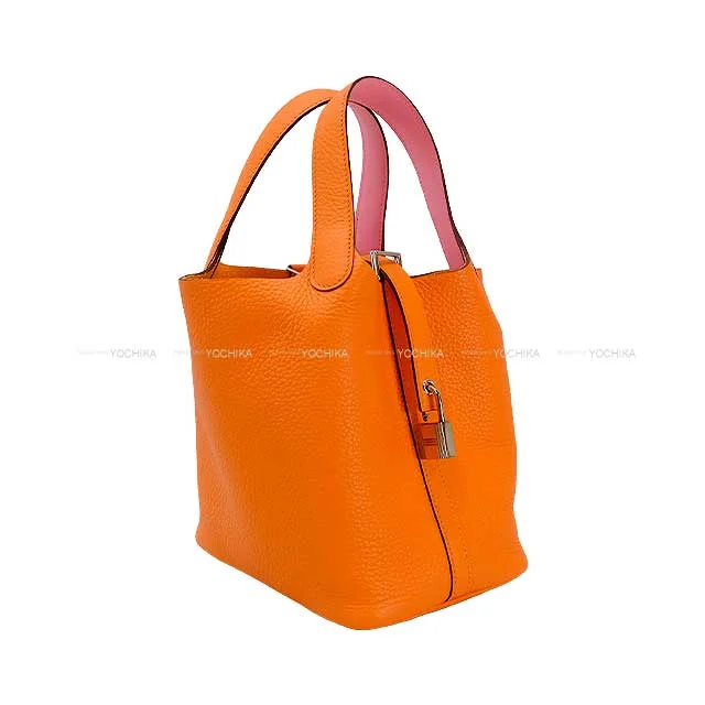 Soft - Handled Hermes So Kelly Bags for a Feminine TouchHERMES Handbag Picotin Lock 18 PM Eclat Orange Minium/Rose Azalee Taurillon Clemence/Veau Swift Silver HW Stamp