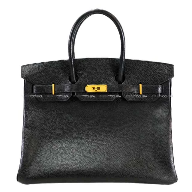 Hermes Victoria Bags with Signature Turnlock Closures[] HERMES Handbag Birkin35 Noir (Black) Ardennes Gold HW Stamp □G