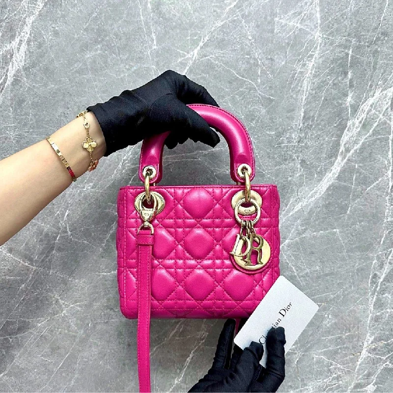 Stylish Christian Dior shoulder bags with a tassel - adorned zipper*Adjustable Strap* Lady Mini Lambskin Hot Pink GHW