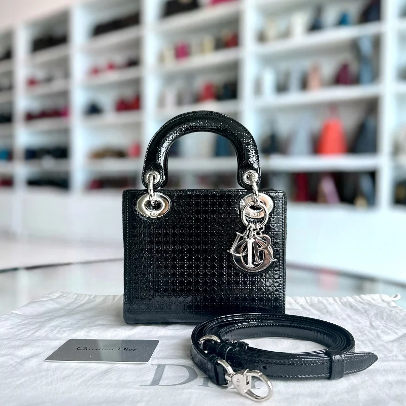 Christian Dior handbags with a removable shoulder strap for versatility*Adjustable strap* Lady Mini Micro-Cannage Glazed Calfskin Leather Black SHW