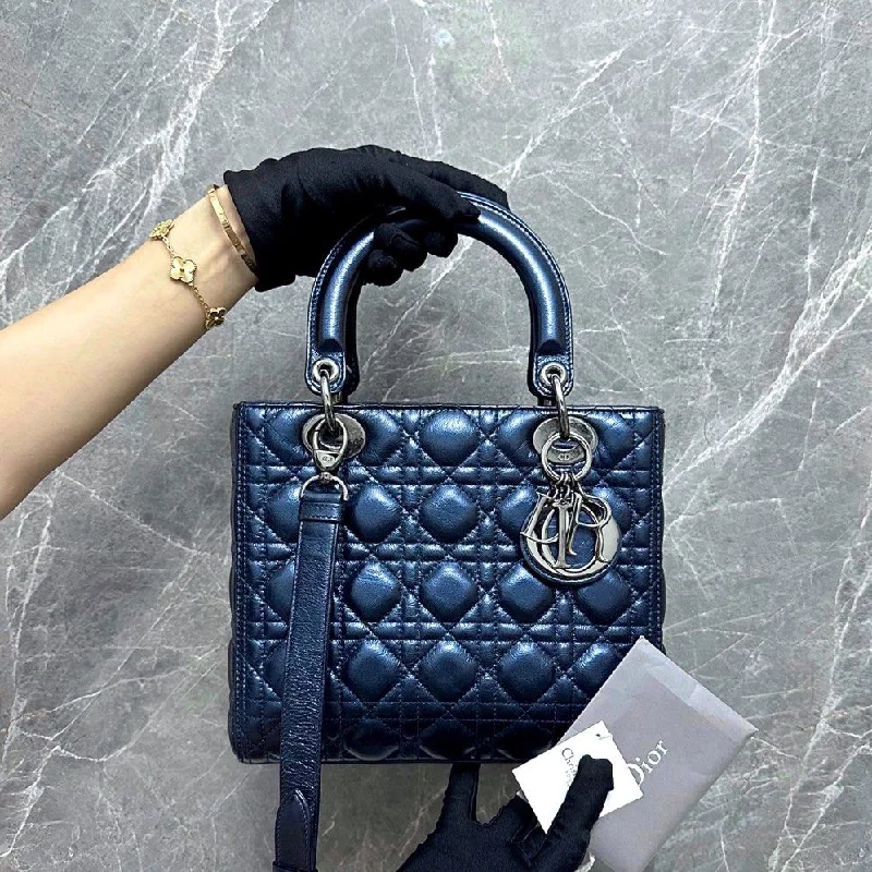 Stylish Christian Dior shoulder bags with a tassel - adorned zipper*Calf, Adjustable Strap, Like New* Lady Medium Iridescent Calfskin Dark Blue Gunmetal Hardware