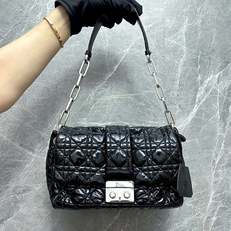 Contemporary Christian Dior handbags with a unique shapeCannage Quilted New Lock Lady Flap Black Patent Leather