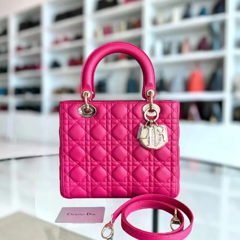 Christian Dior tote bags with a double - handle and shoulder - strap optionLady Medium Cannage Lambskin Hot Pink GHW