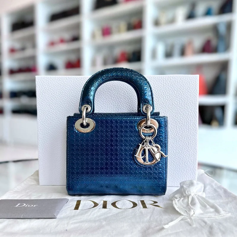 Christian Dior tote bags with a printed Dior logo on the frontLady Mini Micro-Cannage Glazed Calfskin Blue SHW