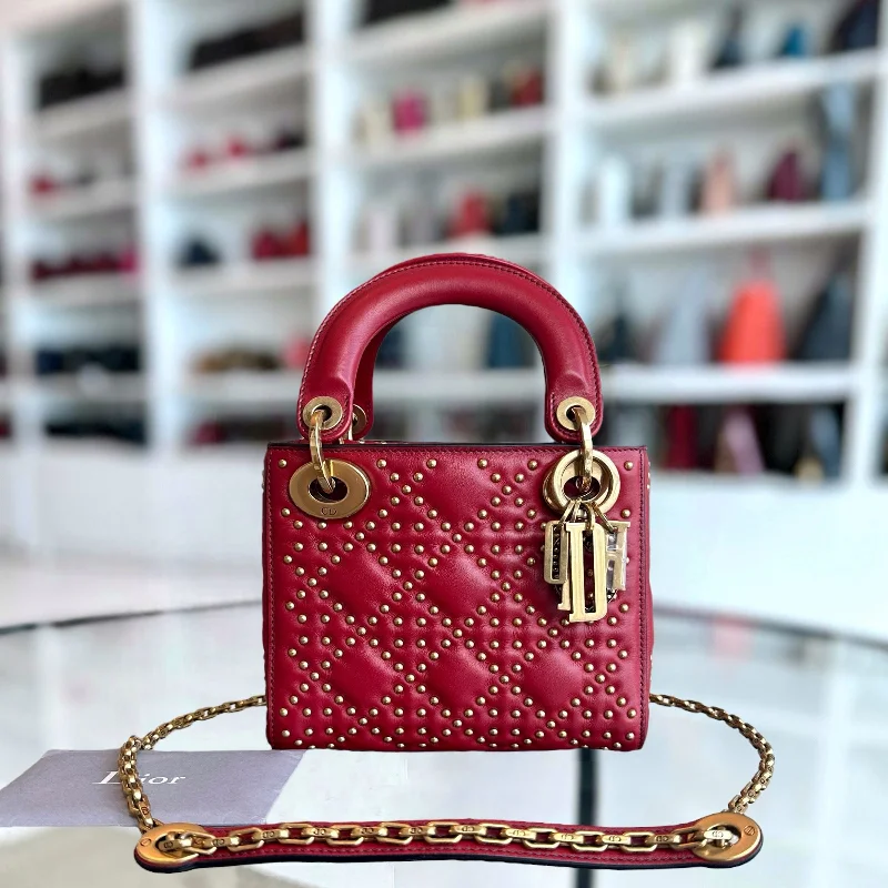 Christian Dior bags with a detachable coin purse insideLady Mini Studded Cannage Calfskin Red AGHW