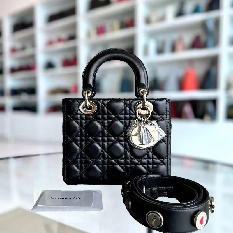 Christian Dior handbags with a snap - button closure and a decorative buckleLady Small Black Cannage Lambskin ABC Charm Badge GHW