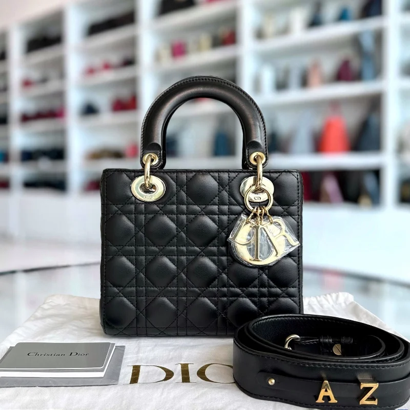 Christian Dior bags with a side - pocket for holding a water bottleLady Small Cannage Lambskin Black ABC MyABC Charm GHW