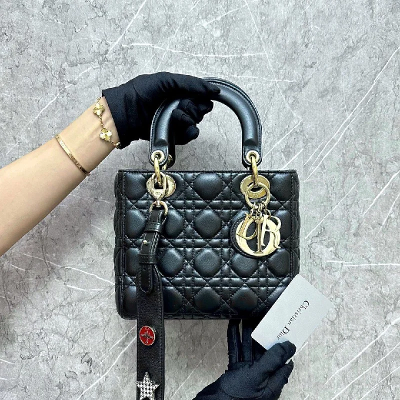 Christian Dior bags with a side - pocket for holding a water bottleLady Small Lambskin Badge Black GHW